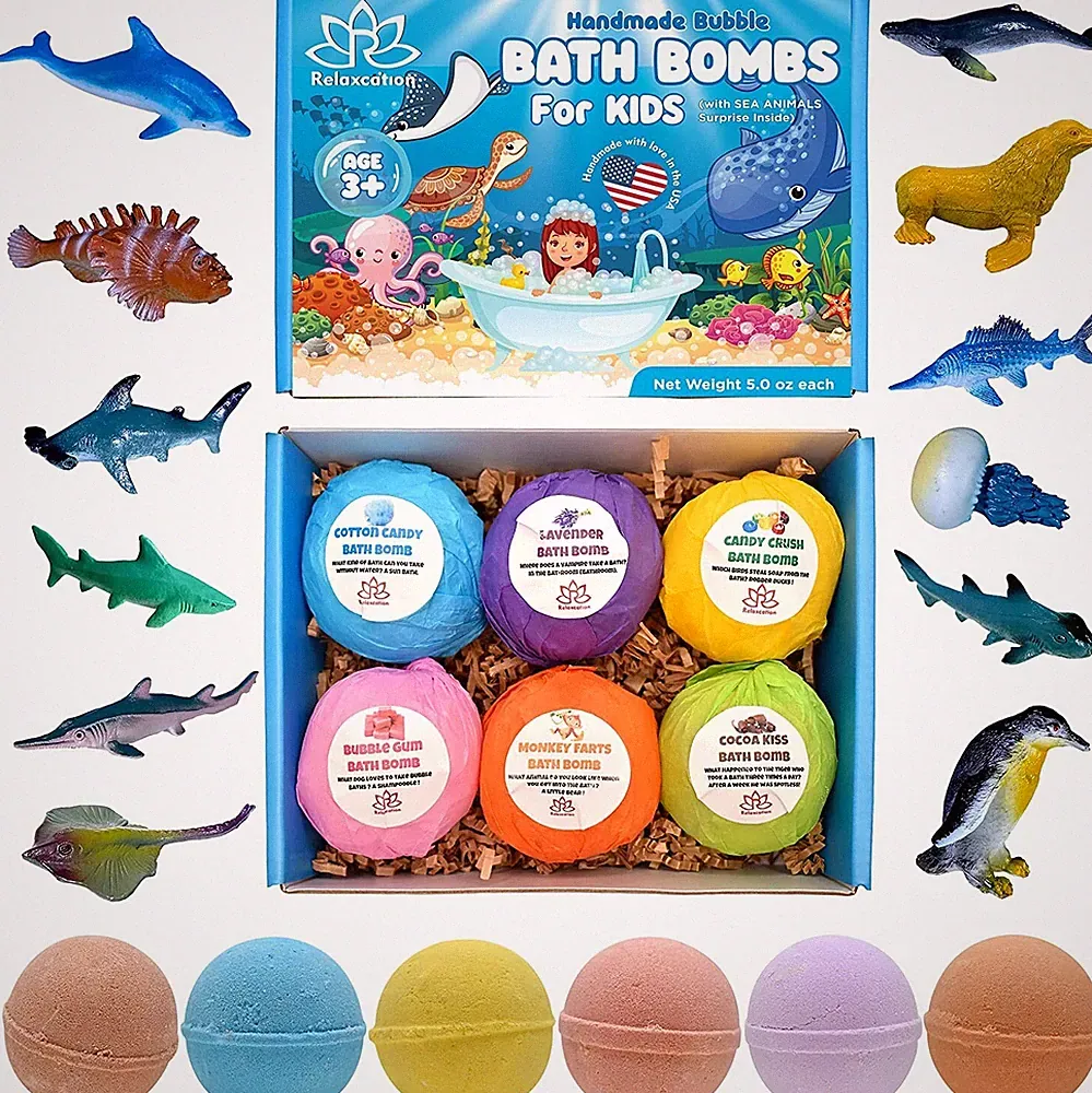 6 Bath Bombs Gift Set for Kids SEA ANIMALS Toys inside -All Natural Ingredients