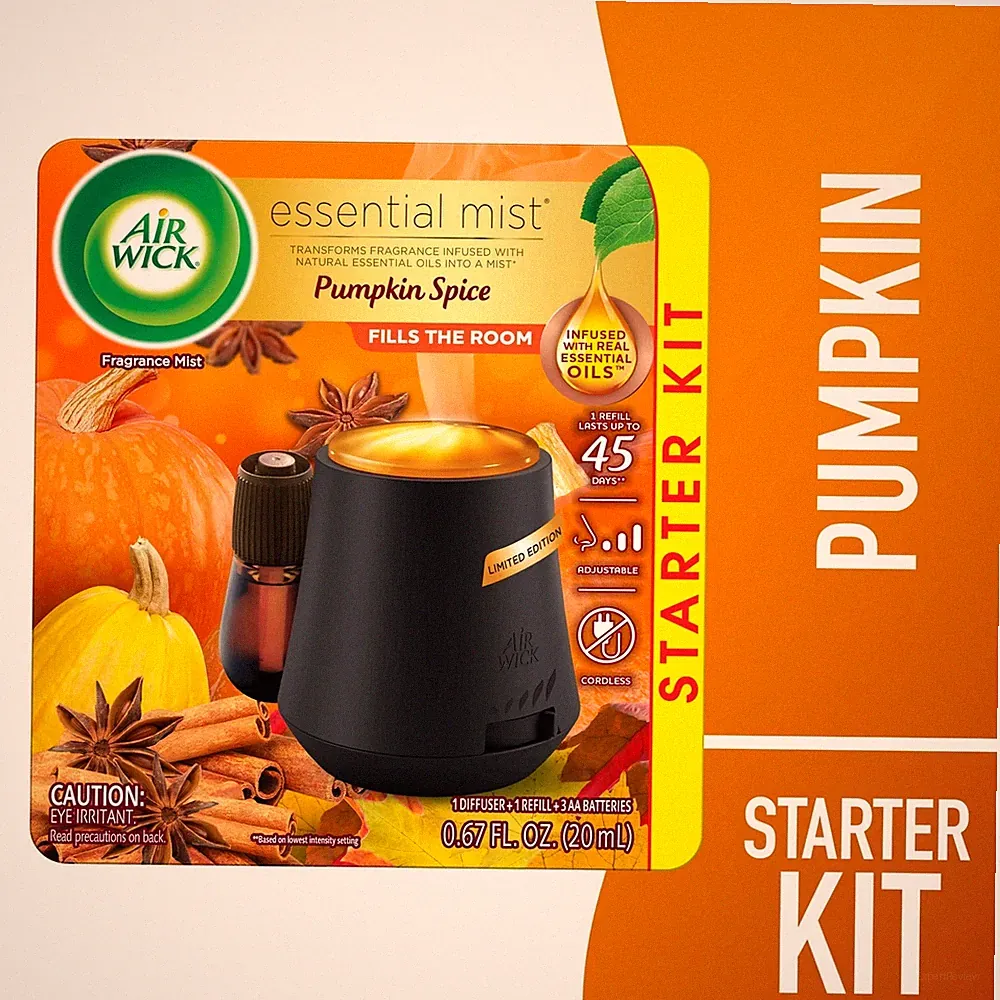 Air Wick Essential Mist Starter Kit Freshener Pumpkin Spice Fall Scent Lights Up