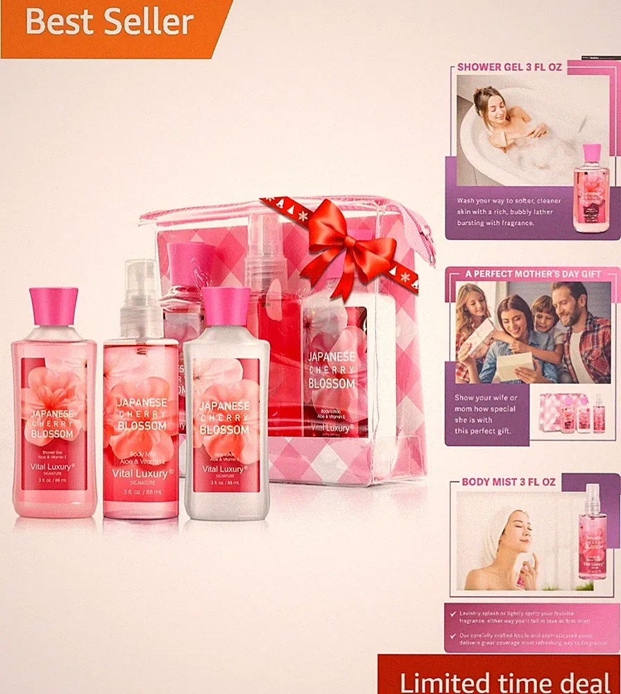Home Spa Travel Set with Shower Gel, Body Lotion & Mist - Cherry Blossom Gift